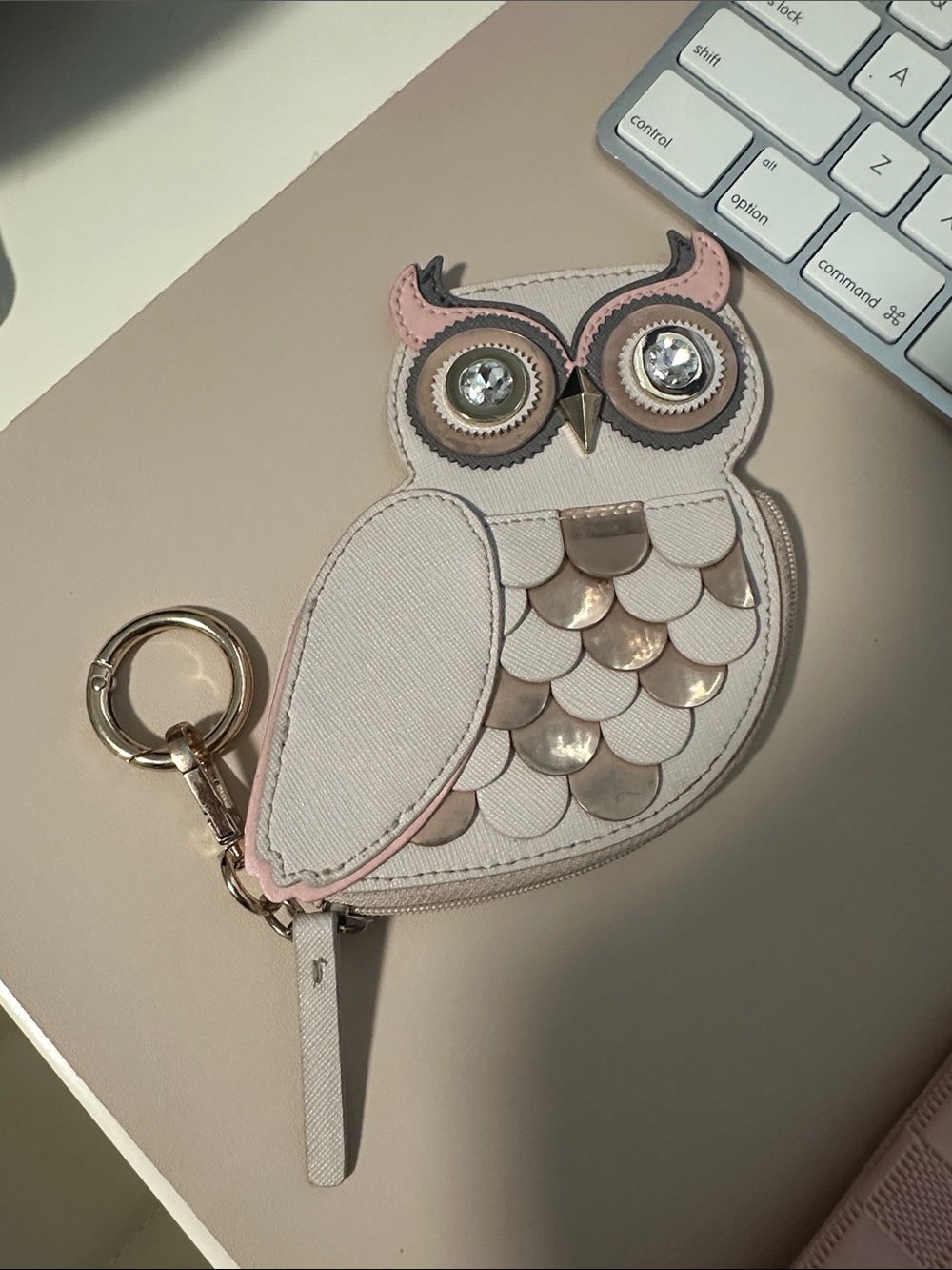 kate spade owl coin pouch key holder - cream & pink with gold accents